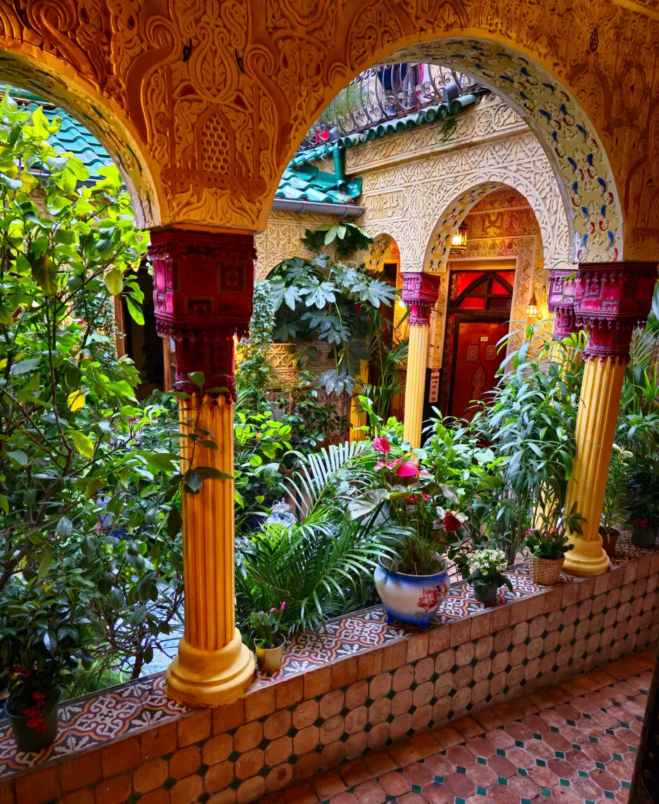 Oriental-style lobby with Moorish details overlooking a tranquil courtyard